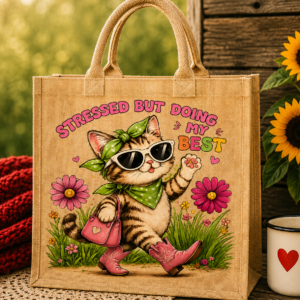 Cat doing her best Jute Tote Bag