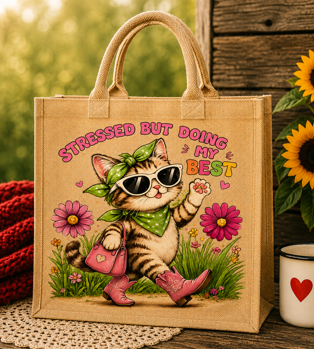 Cat doing her best Jute Tote Bag